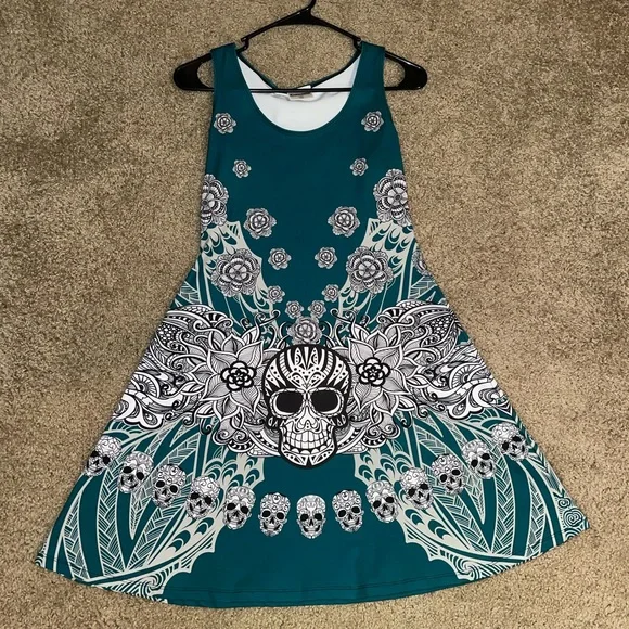 Cowcow Dresses | Small Dark Green Skull Skater Dress | Color: Green | Size: S | Sarahann923's Closet